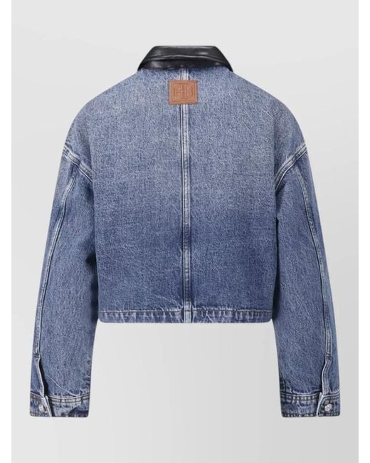 Anine Bing Blue Cropped Denim Jacket Leather Collar Pockets