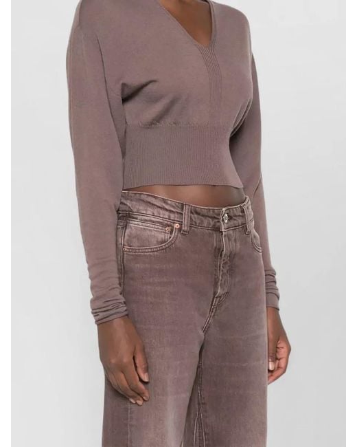 Rick Owens Brown V Neck Cropped Wool Long Sleeve Top