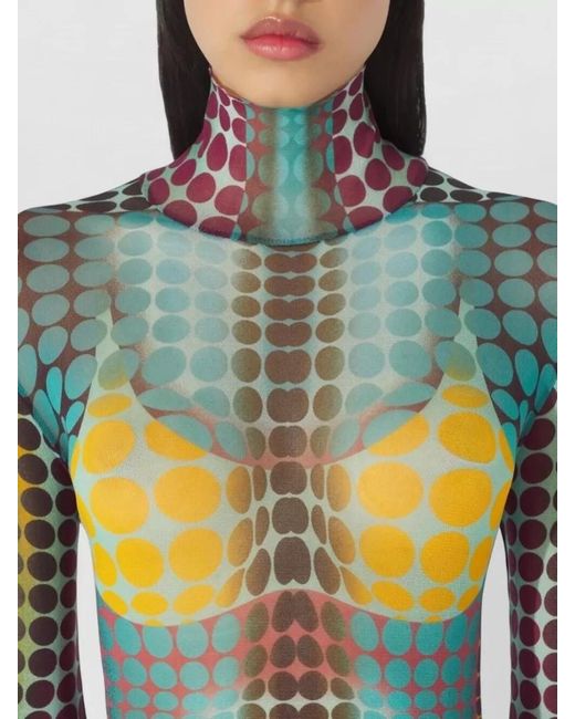 Jean Paul Gaultier Blue Printed Mesh High-Neck Long-Sleeve Top