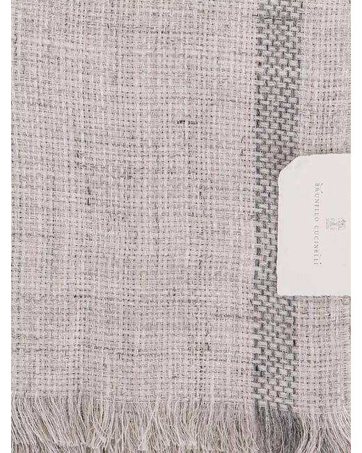 Brunello Cucinelli White Textured Jute Linen Scarf Embroidered Trim for men
