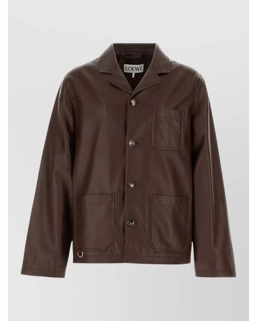 Loewe Brown Leather Jacket Notched Lapel Front And Chest Pockets for men