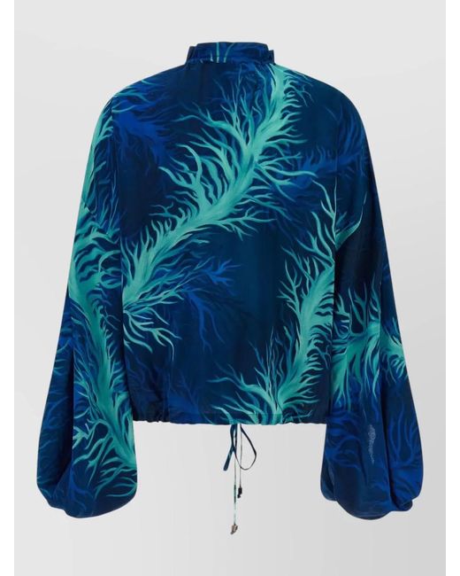 F.R.S For Restless Sleepers Blue Silk Printed Ruffled V-Neck Blouse