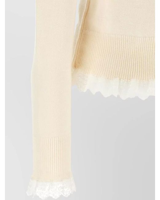 Ganni White Merino Wool Ribbed Turtleneck Lace Trim Sweater