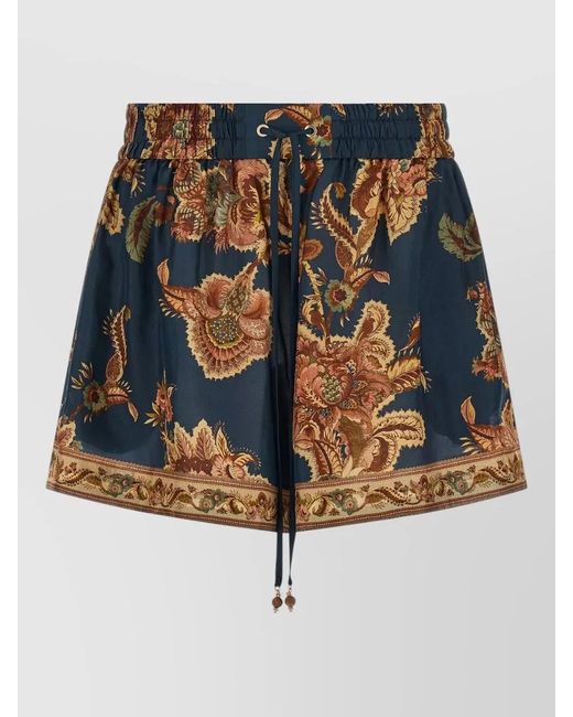 Zimmermann Blue Aster Shorts Elastic Waistband Floral Trim Pockets