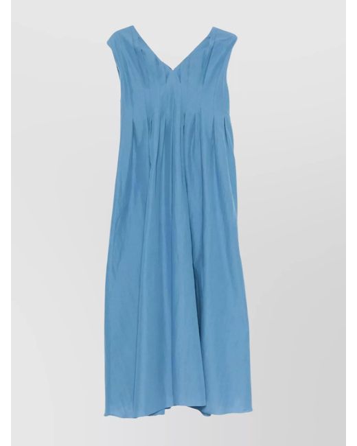 Max Mara Blue Ramie Cotton Sleeveless V-Neck Maxi Dress