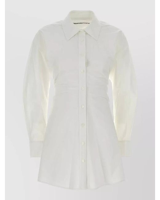 Alexander Wang White Stretch Poplin Shirt Dress Long Sleeves Ruching