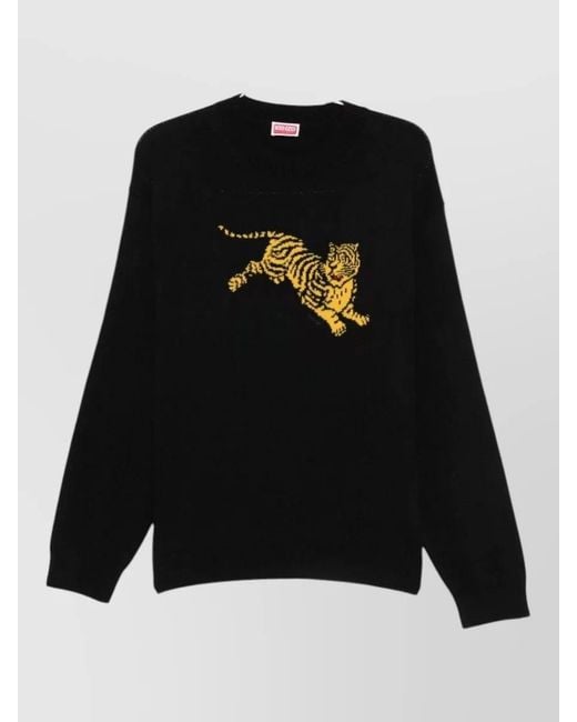KENZO Black Tiger Motif Crew Neck Knit Sweater for men