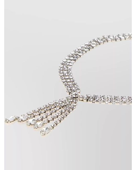 Alessandra Rich White Metal Necklace Rhinestone Statement Dangle Design
