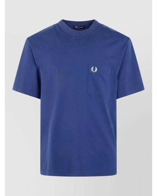 Fred Perry Blue Washed Cotton T Shirt Crew Neck Pocket for men