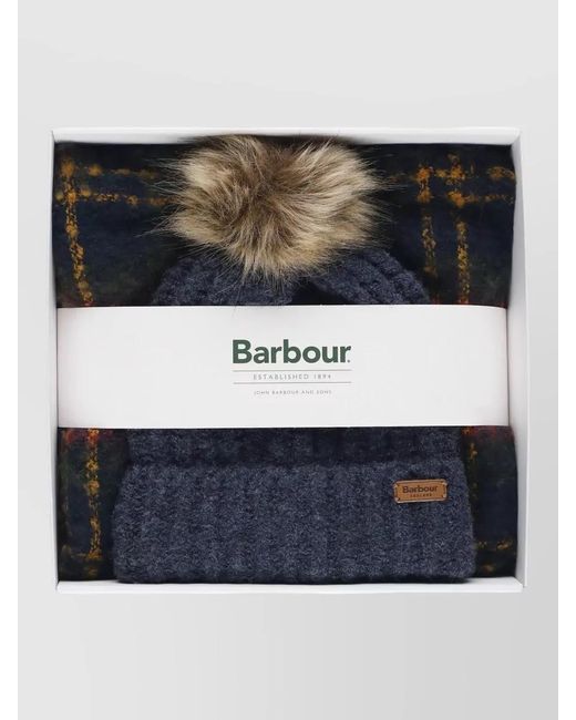 Barbour Blue Plaid Knit Beanie And Scarf Set for men
