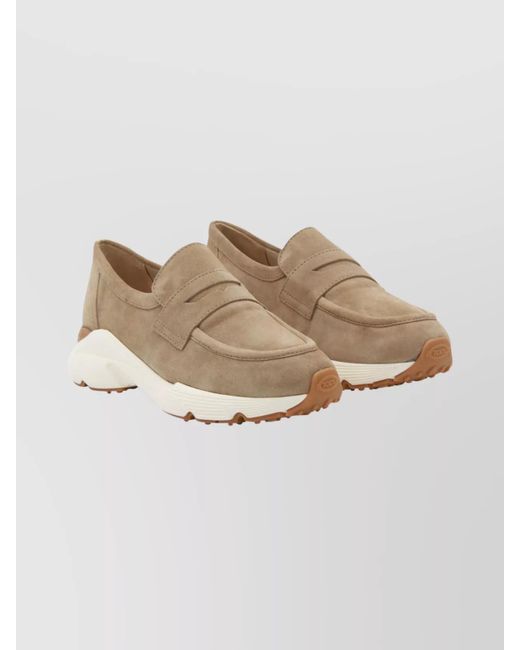 Tod's Natural Suede Loafers With Rubber Sole And Round Toe