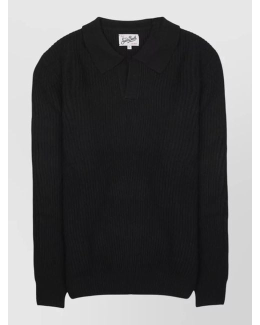 Mc2 Saint Barth Black Long Sleeve Ribbed Texture Polo Shirt for men