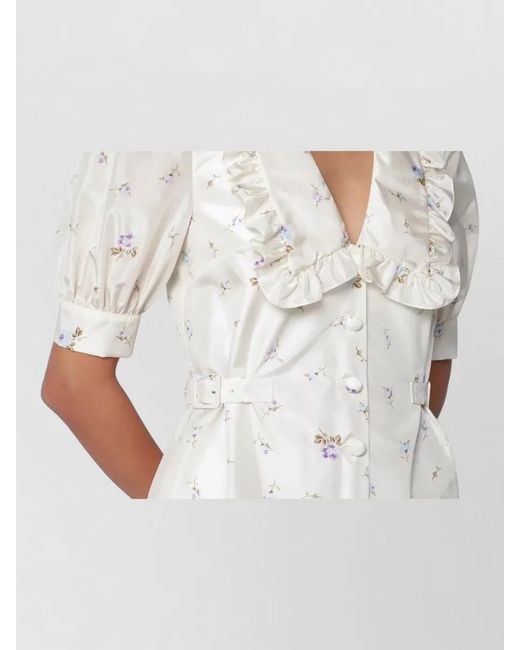 Alessandra Rich White Belted Waist Floral Dress Puff Sleeves
