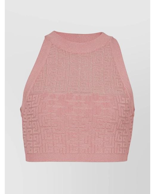 Balmain Pink Monogram Ribbed Halterneck Knit Top