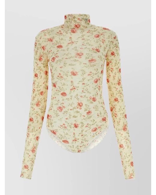 Prada White Floral Pattern Turtleneck Long Sleeves Bodysuit