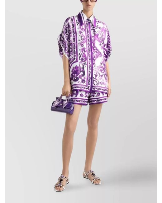 Dolce & Gabbana Purple Bat Sleeve Majolica Print Point Collar Top