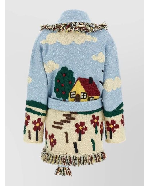 Alanui Blue Wool Jacquard Belted Fringed Cardigan