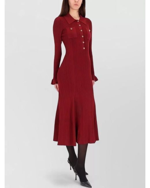 Self-Portrait Red Ribbed Knit Midi Dress Collar Detail