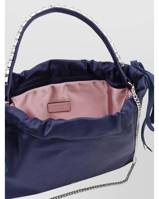 Jimmy Choo Blue Satin Shoulder Bag Leather Handle Rhinestones