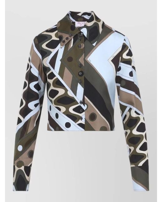 Emilio Pucci White Silk Twill Shirt Cropped Hem Long Sleeves