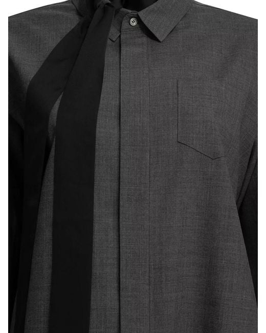 Sacai Gray Wool Shirtdress Chest Pocket Tie Detail