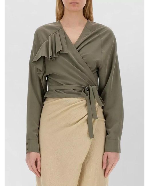 Alysi Natural Cropped Wrap Top Ruffles Tie Waist