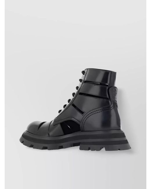 McQueen Black Leather Cutout Ankle Boots