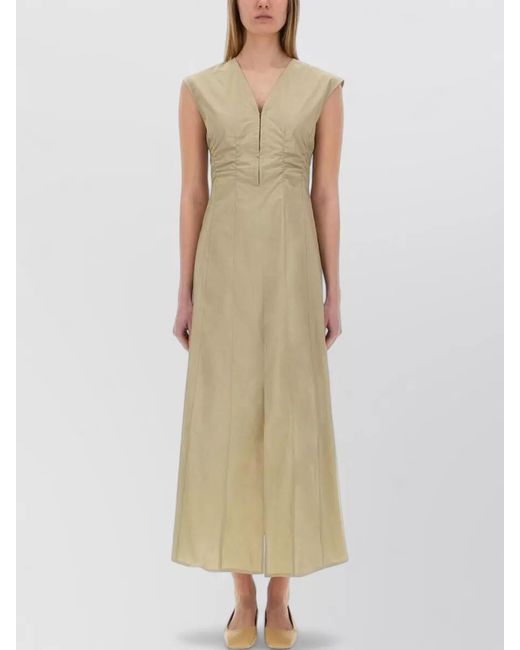 Alysi Natural Poplin Dress Ruched Maxi V Neckline