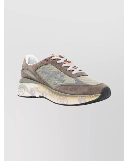 Premiata White Leather Suede Paneled Low-Top Sneakers for men
