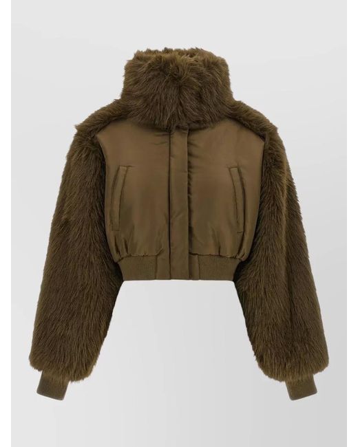 Pinko Green Cropped Oversized Faux Fur Bomber Jacket
