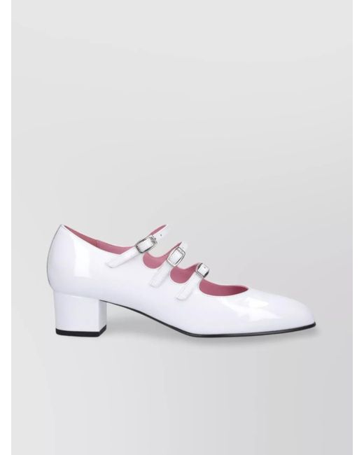 CAREL PARIS White Glossy Triple Strap Block Heel Pumps
