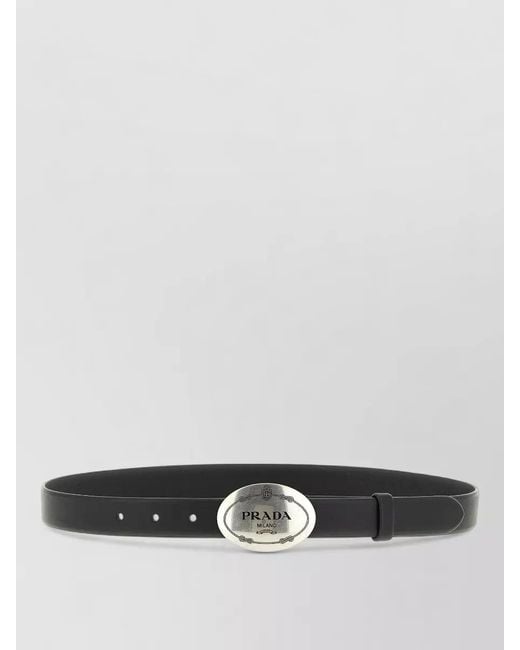 Prada Gray Oval Buckle Leather Belt Smooth Strap