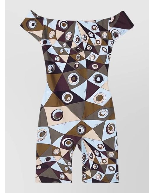 Emilio Pucci White Off Shoulder Stretch Jumpsuit All Over Print