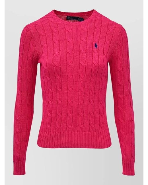 Polo Ralph Lauren Pink Cotton Cable-Knit Slim-Fit Crew-Neck Long-Sleeve Jumper