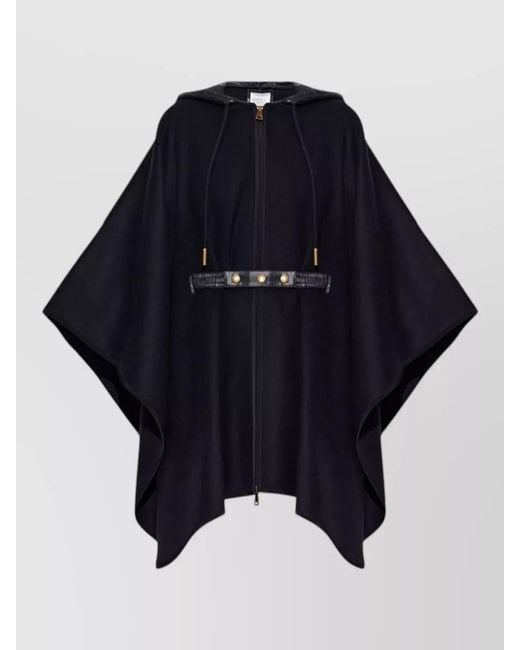 Moncler Blue Hooded Mid Length Cape Loose Fit Buttons
