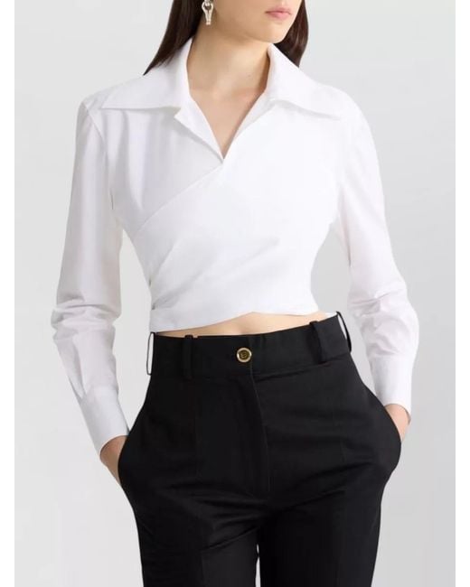 Patou White Cotton Collared Long-Sleeve Knotted Cutout Blouse