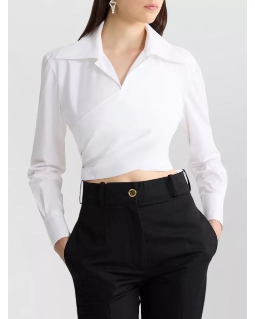 Patou White Wrap Cropped Top Long Sleeves Collar