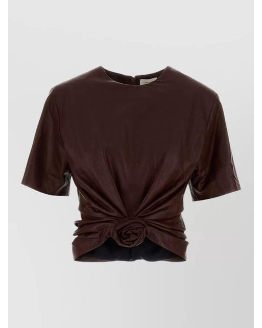 Magda Butrym Brown Leather Top Short Sleeves Round Neck Ruched