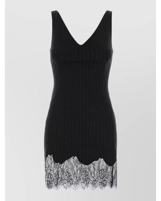 ANDAMANE Black Tori Mini Dress Lace Trim Pinstripe