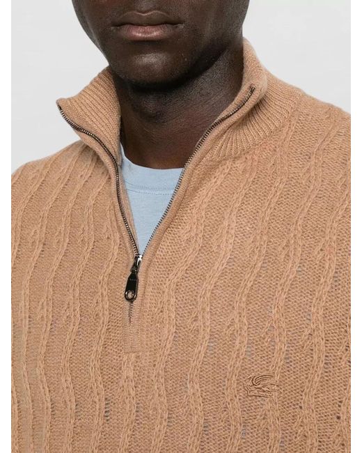 Etro Brown Roma Cashmere Quarter Zip Cable Knit Jumper for men