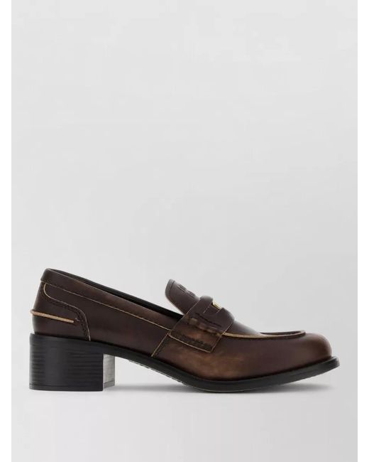 Miu Miu Brown Leather Loafers Block Heel Closed Toe Strap