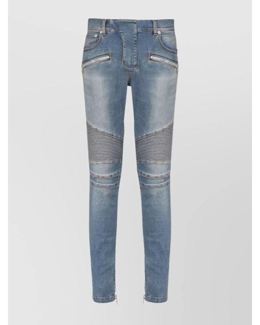 Balmain Blue Distressed Ribbed Skinny Jeans for men