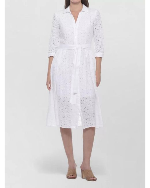 120% Lino White Linen Belted Cutout Shirt Midi Dress
