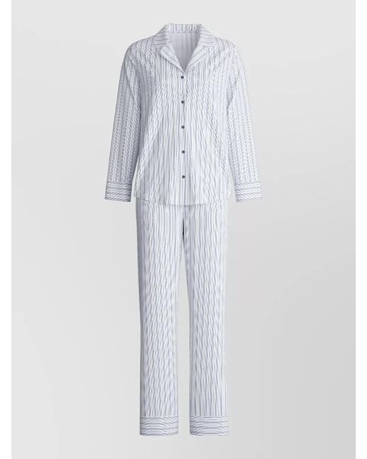 Calida White Striped Long Sleeve Pyjama Set Notch Collar