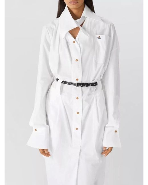 Vivienne Westwood White Belted Long Sleeve Curved Hem Shirt Dress