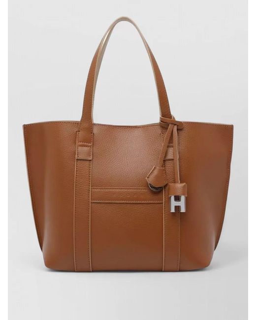 Hogan Brown Script Leather Shoulder Tote Bag Small
