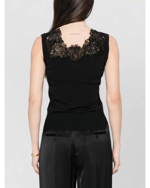 Ermanno Scervino Black Knit Top Lace Detail Ribbed Hem Neckline