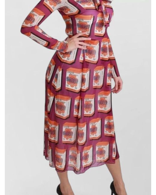 Dolce & Gabbana Red Silk Printed Tie-Neck Long-Sleeve Midi Dress