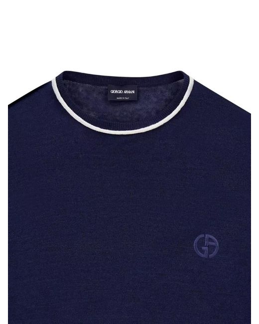 Giorgio Armani Blue Silk Blend T Shirt Round Neck Contrast Trim for men