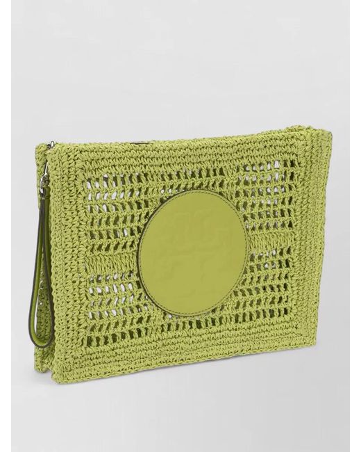 Tory Burch Green Clutch Bag Circular Patch Woven Texture Strap